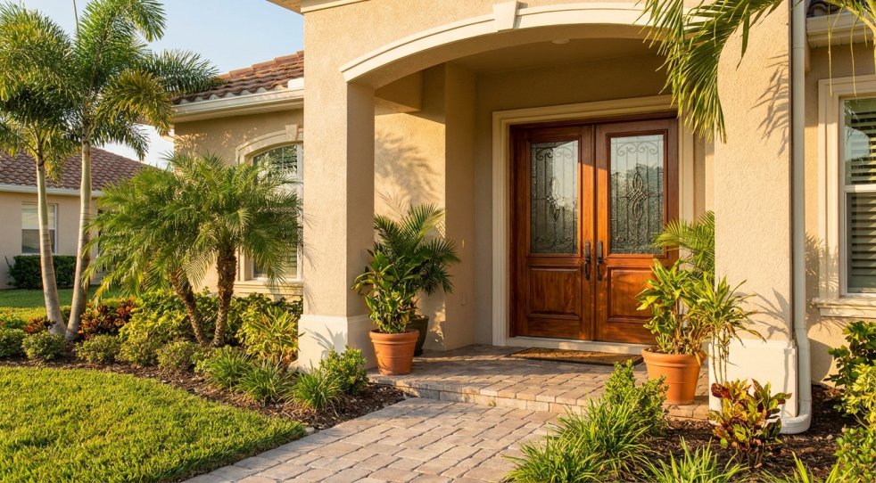 Elegant wood front entry door at a Florida home with stucco exterior, paver walkway, and tropical landscaping